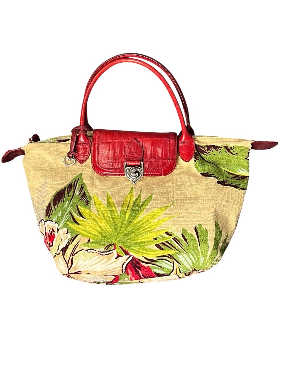 VTG Brighton Tropical Hawaiian Croc Embossed Flap Foldable Handbag Tote Red Tan
